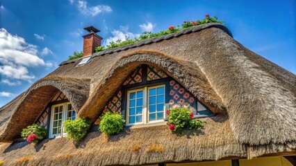 Idyllic thatched roof with decorations and a small window Low Angle