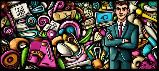 A colorful collage of office supplies and a businessman, symbolizing productivity and organization.