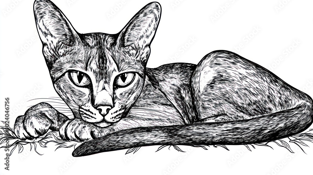 Sticker A detailed black and white illustration of a cat resting on grass.