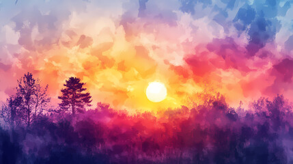 Fototapeta premium Beautiful sunset or sunrise illustration digital art design, generative ai. Watercolor Landscape. Illustration