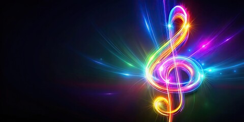 Illuminated colorful treble clef with light trails, Aerial view
