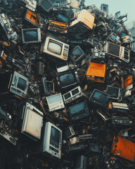 Discarded Vintage Televisions in a Junkyard Pile.