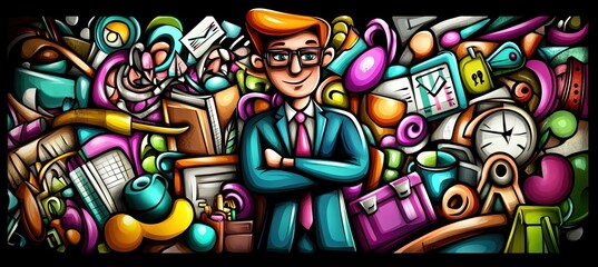 A professional figure stands amidst colorful office supplies and creative elements.