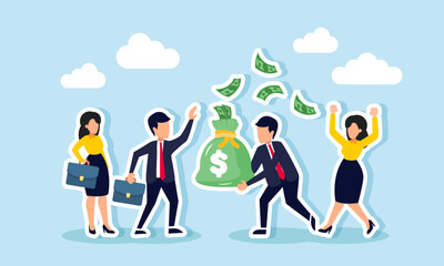 A businessman carries a money bag with cash flying around, celebrated by his business partner, illustrating appreciation for a partner's success in generating profit