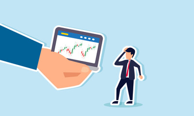 A businessman looks confused after receiving a laptop displaying a stock trading site, illustrating the challenge of analyzing stock charts.