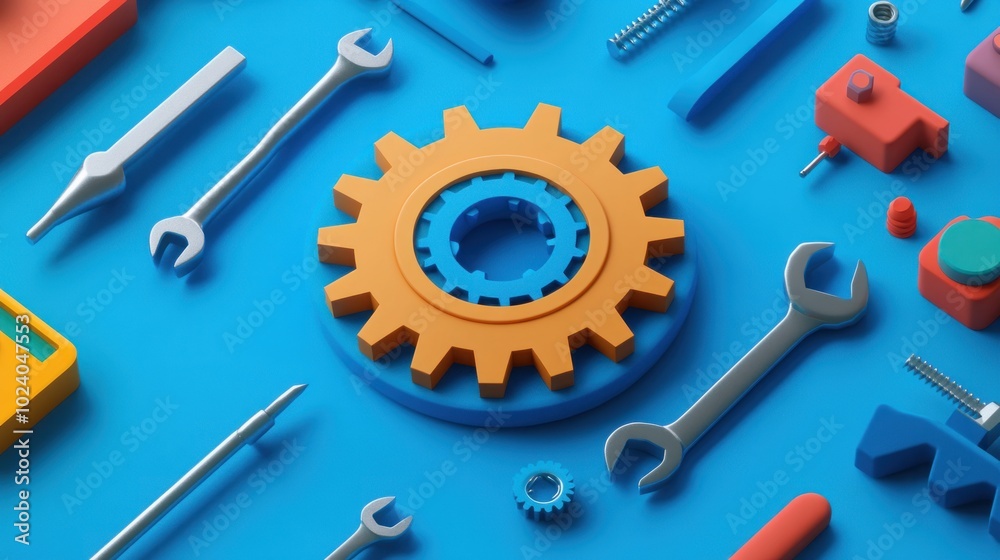 Wall mural Colorful arrangement of tools and gears on a blue background, symbolizing engineering and creativity.