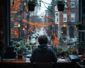 Cozy Workspace with Plants and City View