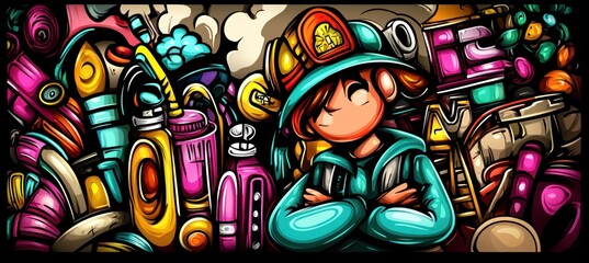 Obraz premium A vibrant illustration of a confident character surrounded by colorful tools and gadgets.