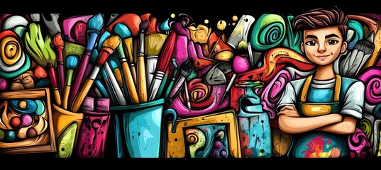 Obraz premium A colorful art scene featuring brushes, paint, and a young artist, showcasing creativity.