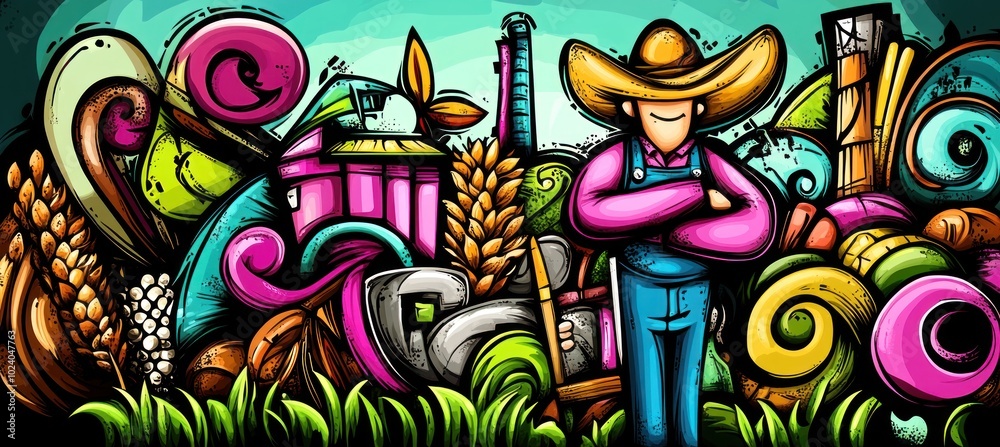 Poster A colorful cartoon farmer stands amidst vibrant agricultural elements and nature motifs.