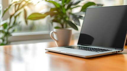 Fototapeta premium Sleek and Organized Minimalist Home Office Environment with Laptop Coffee Cup and Lush Plants on Wooden Desk Beside Bright Window for Inspiring Productivity and Remote Work
