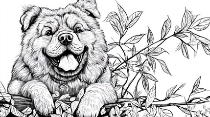 Obraz premium A detailed illustration of a happy dog surrounded by leaves.