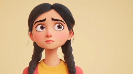 Thinking upset sad bored Indian cartoon character young adult woman girl person portrait in 3d style design on light background. Human people feelings expression concept
