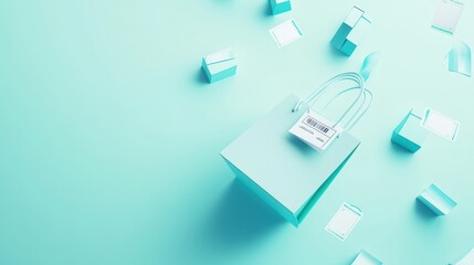 A minimalist teal shopping bag surrounded by small boxes, creating a modern retail vibe.