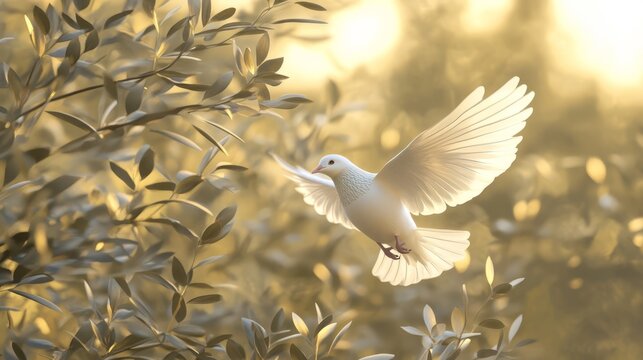 White dove flying. Holy spirit bird on olive branch. fantasy symbol of peace love, 3d modern digital artwork illustration. Christian religion spiritual soul concept wallpaper background