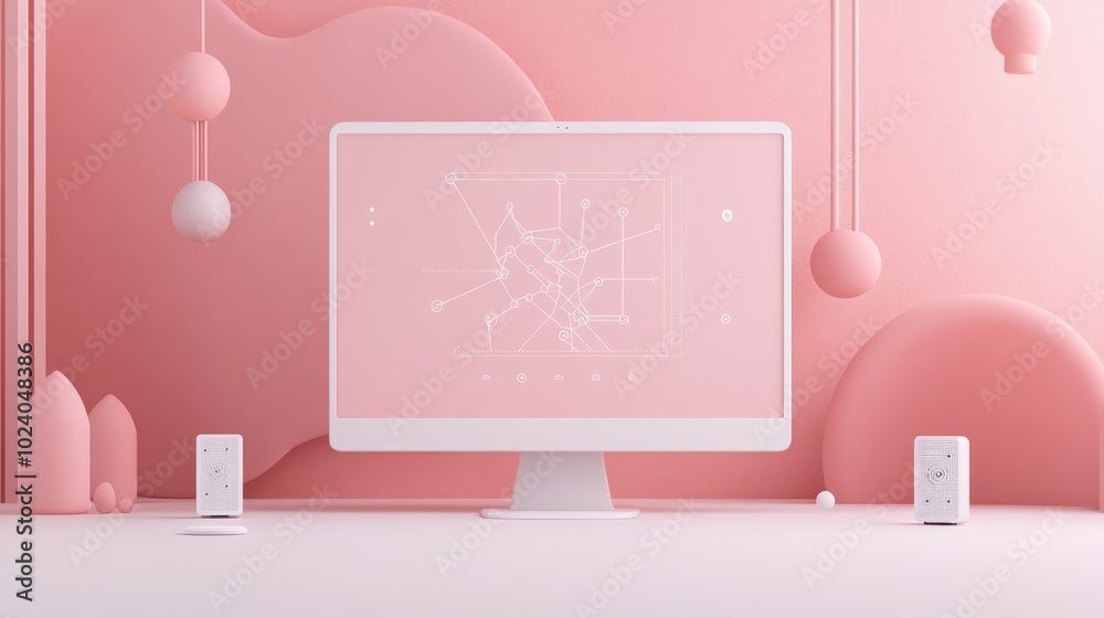 Poster A minimalistic workspace featuring a pink background, computer, and abstract shapes.