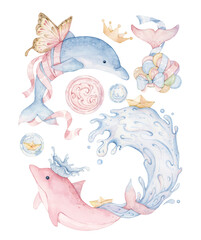 Hand Painted Watercolor Dolphin Clip Art