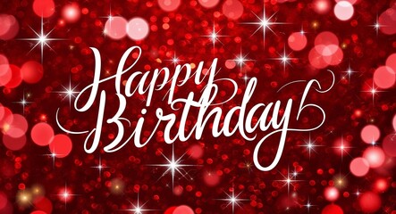 happy birthday calligraphic lettering on red bokeh glitter festive sparkles background