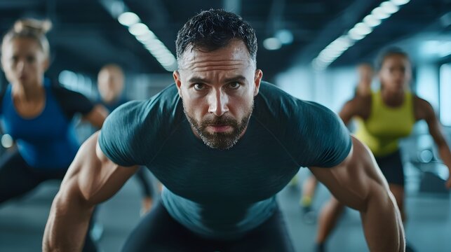 Diverse group of people participating in an energetic fitness class doing various bodyweight exercises in a modern gym setting
