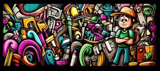 A colorful cartoon scene featuring a character among a jumble of vibrant objects and shapes.