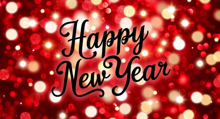 happy new year calligraphic lettering on red bokeh glitter festive sparkles background