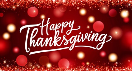 happy thanksgiving calligraphic lettering on red bokeh glitter festive sparkles background