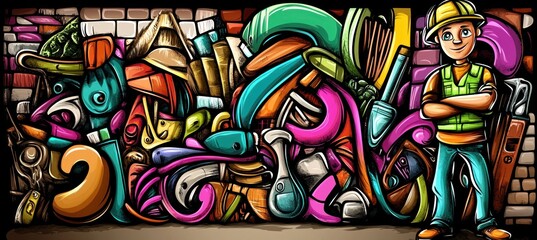 A colorful mural featuring construction tools and a worker, highlighting creativity in industry.