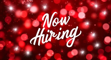 now hiring calligraphic lettering on red bokeh glitter festive sparkles background