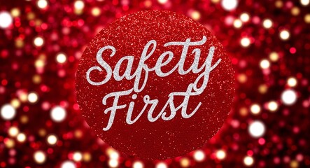 safety first calligraphic lettering on red bokeh glitter festive sparkles background