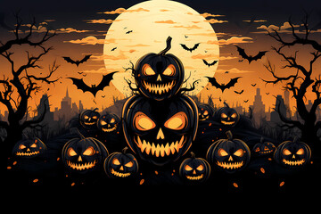Spooky Halloween Scene with Jack-O'-Lantern, Full Moon, and bats, Generative AI