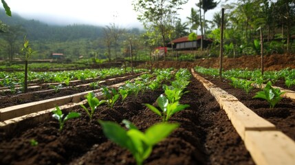 Sustainable coffee plantation with water conservation,innovative water-saving techniques like drip irrigation and rainwater harvesting, 