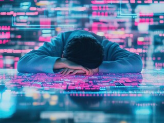 A person resting their head on a holographic desk filled with scattered floating data, scifi theme, glowing pink and blue hues, cyber fatigue