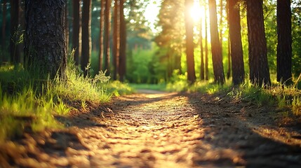 Obraz premium Enchanting forest pathway leading through towering trees with dappled sunlight showcasing the beauty of nature in a peaceful
