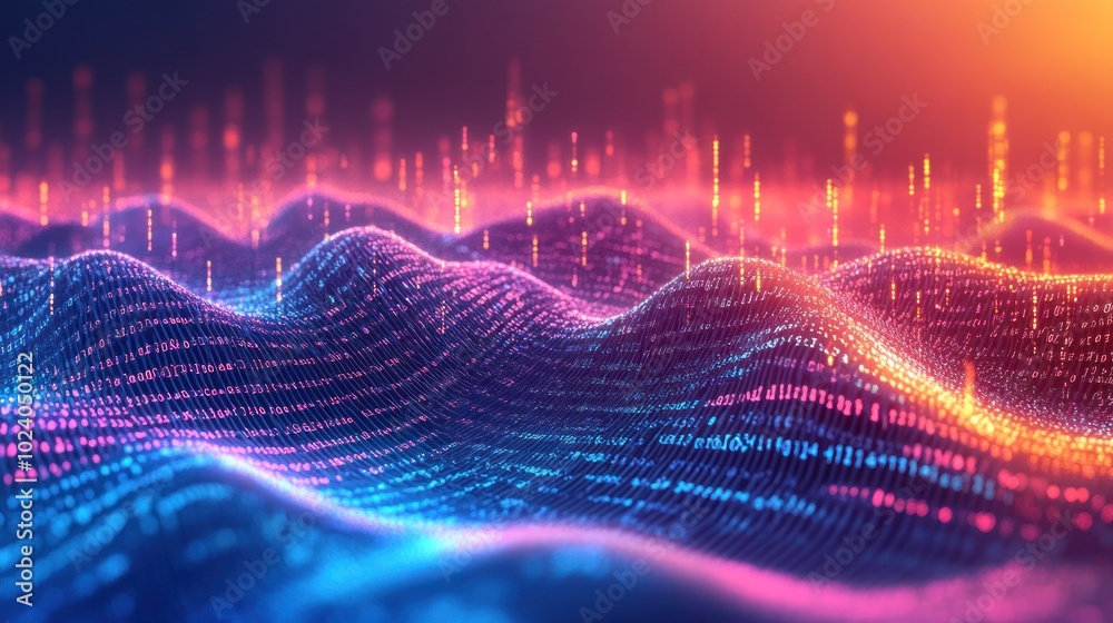 Fototapete technology background with binary code flowing through abstract digital landscapes,
