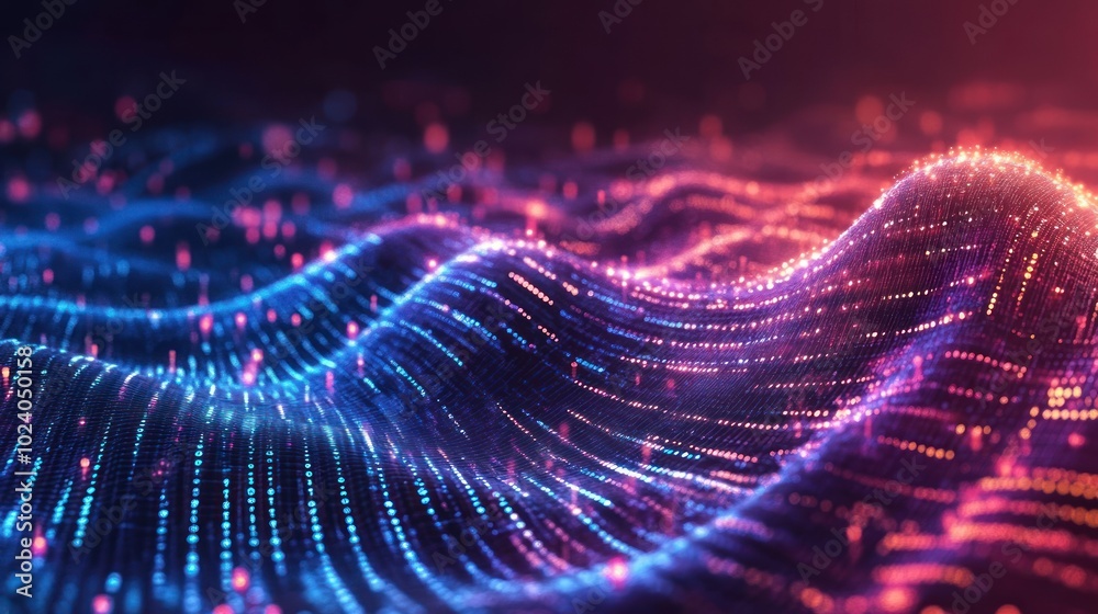 Fototapete technology background with binary code flowing through abstract digital landscapes,