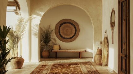 Elegant Mediterranean-Inspired Interior with Natural Decor Elements and Warm Earthy Tones in a Sunlit Hallway