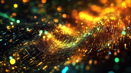 Technology background with binary code flowing through abstract digital landscapes, 