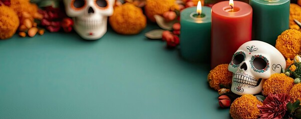 Colorful altar setup featuring candles, marigolds, and decorative skulls, ideal for celebrating Dia de los Muertos.