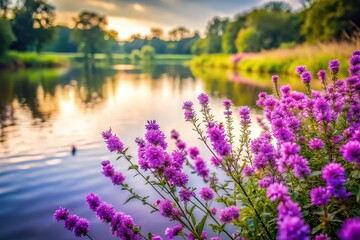 Image of purple flowers in bloom near a riverside with a forced perspective