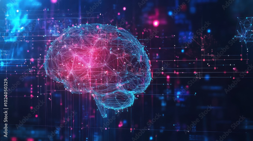 Poster technology background with machine learning themes, neural networks, data clusters, and interconnect