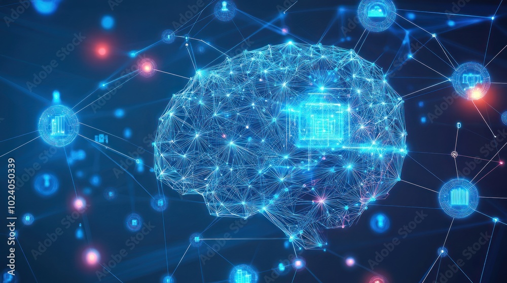Poster technology background with machine learning themes, neural networks, data clusters, and interconnect