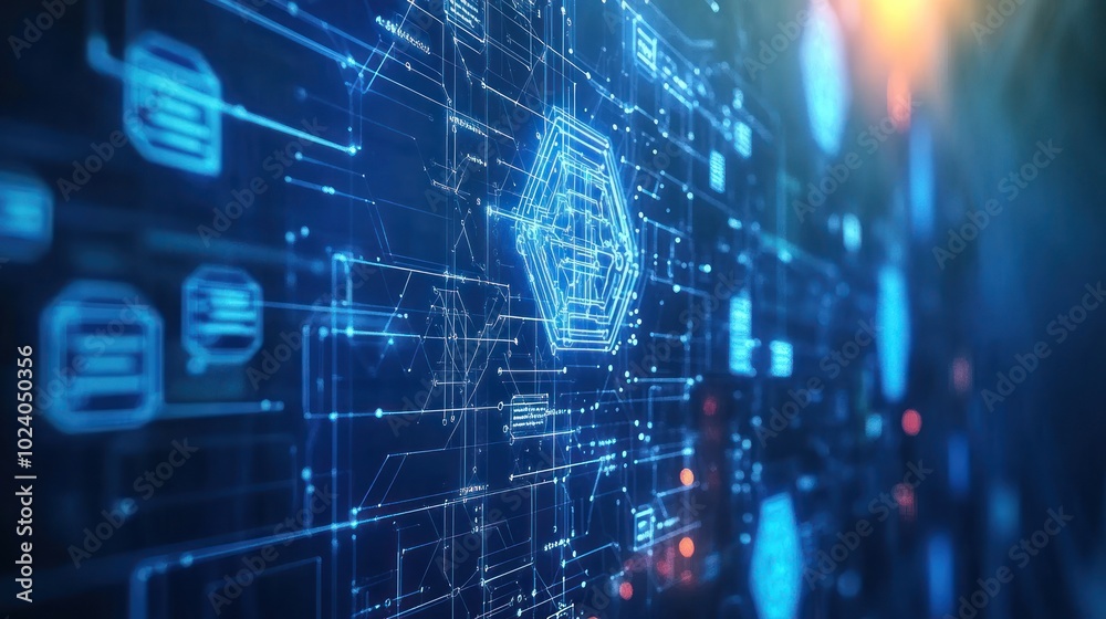 Poster technology background with machine learning themes, neural networks, data clusters, and interconnect