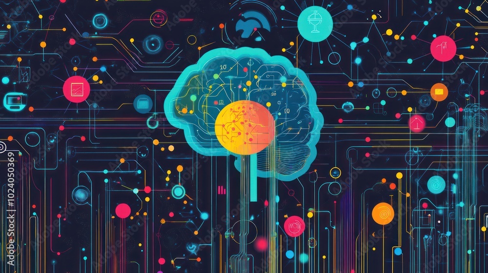 Poster technology background with machine learning themes, neural networks, data clusters, and interconnect