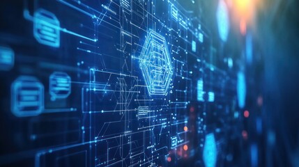Technology background with machine learning themes, neural networks, data clusters, and interconnected AI symbols, 