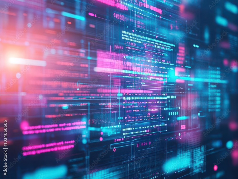 Poster a team working in a futuristic virtual environment with glowing data screens and digital assistants,