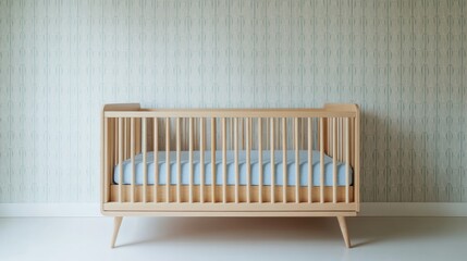 Minimalist Wooden Baby Crib in Modern Nursery with Subtle Patterned Wallpaper and Soft Lighting