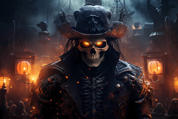 Sinister Skeletal Pirate with Glowing Eyes Among Glowing Jack-O'-Lanterns, Generative AI