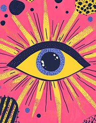 Vibrant Abstract Eye Illustration with Bold Colors and Geometric Patterns on a Dynamic Pink Background