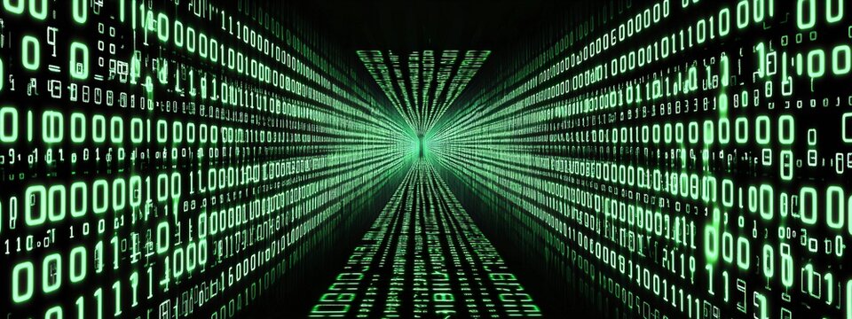 Digital matrix wallpaper with green binary code and futuristic tunnel effect