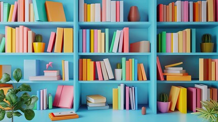 Colorful Bookshelf with Vibrant Books and Decor in a Modern Home Library Setting